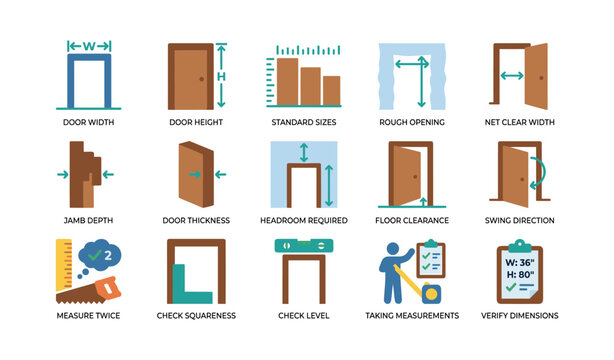Door measurement and sizing icons arranged on white background