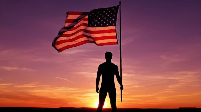 Man holding American flag at sunset.