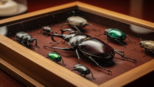 Entomology - Diverse Beetle Collection Displayed in Wooden Shadow Box Case with Stag and Jewel Beetles