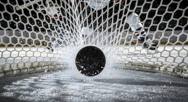 Close up of hockey puck hitting the net with ice spray action