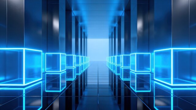 Blue neon cubes in a futuristic corridor