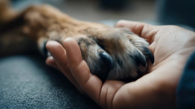 Dog paw in human hand showing empathy, terminal care, animal loyalty, canine comfort during disease recovery