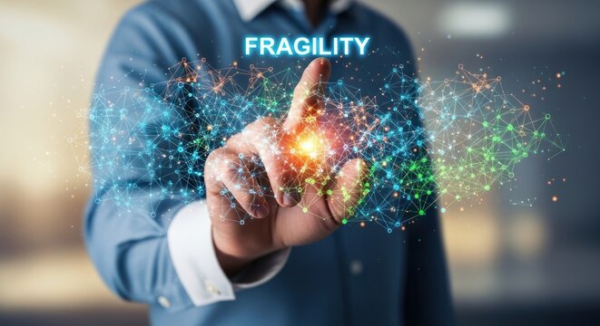 Man touching glowing digital network with word fragility, for delicate balance complex systems vulnerability modern technological infrastructure connections