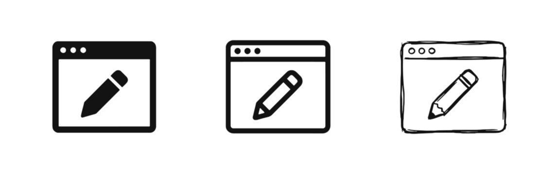 Web Browser and Pencil Icon Set for Online Editing and Design Vector