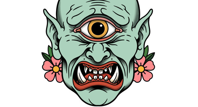 Cyclops monster head, green skin, one eye, sharp teeth, floral earrings, cartoon vector illustration