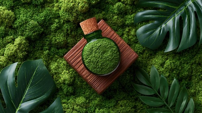 Glass bottle filled with matcha tea powder placed on wooden block. Bowl of green vegetable superfood powder on natural moss background with tropical leaf. Healthy organic medicine concept.