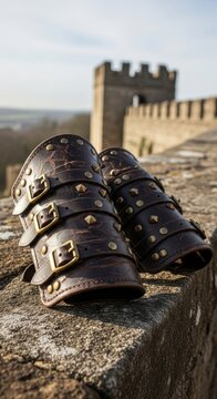 Worn Leather Arm Bracers with Rivets and Buckles