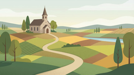 Naklejka premium Winding path leading to a stone church on a hillside surrounded by patchwork agricultural fields and trees in a flat style