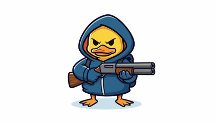 angry duck, cartoon character, holding shotgun, vector illustration, blue hoodie, aggressive expression, comic style, yellow beak, orange feet, menacing pose © Adam