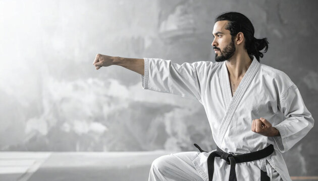 Martial art man white robe black belt punch fighting pose training discipline