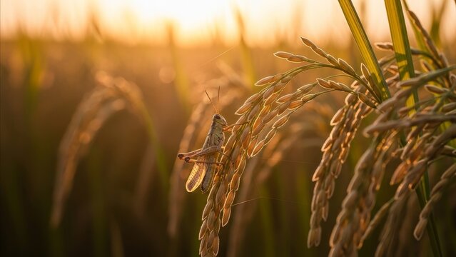 Agriculture - Grasshopper Perched on Golden Rice Stalks at Sunset in a Harvesting Season Field