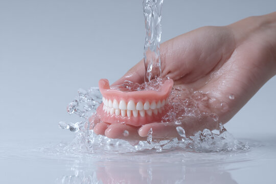 Cleansing Dentures: A close-up shot captures the meticulous cleaning of dentures under a stream of fresh water, highlighting the importance of oral hygiene and dental care.