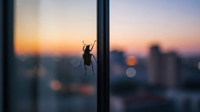 Animal - Beetle Clinging to Glass Window at Dusk With Blurred City Skyline Bokeh Sunset Background
