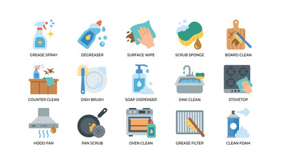 Fototapeta premium Kitchen cleaning supplies and actions arranged in grid