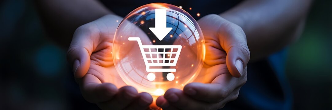 Online shopping concept with cart icon in hands representing ecommerce and digital purchase system