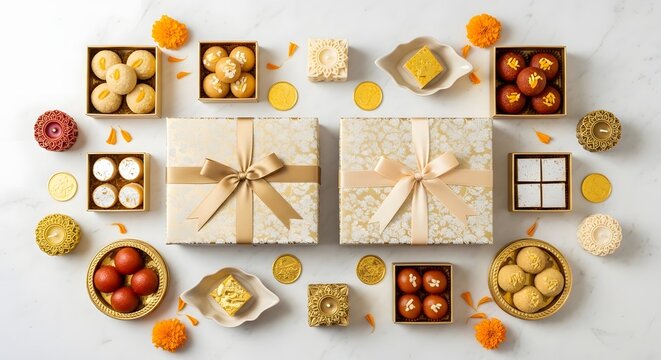 Indian sweets and gift boxes with ribbons top view on marble background