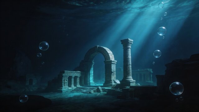 Underwater ancient ruins with arch and column