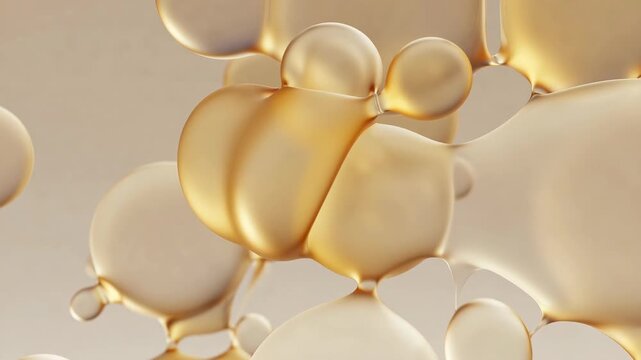 Golden fluid bubbles in soft abstract style on beige background, symbolizing purity and wellness and vitality