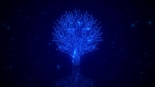 Blue circuit tree background glowing branches, nodes, star space, futuristic technology style. AI videos, neural network visuals, software intros, innovation promos, science screens, digital overlays.