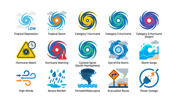 Tropical cyclone icons showing storm categories and hazards