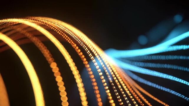 Vibrant strands of illuminated dots form a mesmerizing flow, blending warm and cool tones in a seamless motion. This abstract digital background suggests data, energy, and modern design