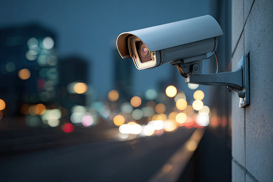 Modern CCTV camera on a wall. A blurred night cityscape background. Concept of surveillance and monitoring. Toned image double exposure mock up