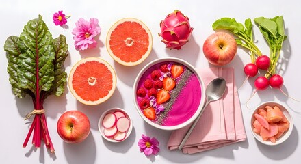 Naklejka premium Fresh fruits and vegetables arranged on a white surface vibrant still life