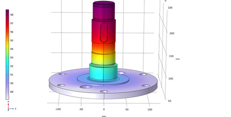 Computer 3d modeling of steel worm shaft with round cover of electrical reducer. Drawing of mechanical part. Technology diagram of machine building industry. Temperature distribution cad analysis. © TKalinovskaya