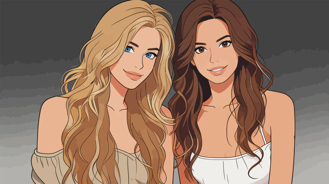 Two Beautiful Female Friends Posing for a Portrait Illustration