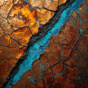Abstract overhead view of cracked earthy terrain with a vibrant turquoise river flowing through a textured orange and brown landscape