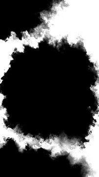 Monochrome ink smoke border visual black center, white cloud texture, rough abstract edges. cinematic videos, title reveals, horror intros, mystery overlays, grunge screens, and creative transitions.