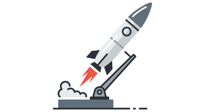 A cartoon rocket launching from a launchpad with flames and smoke