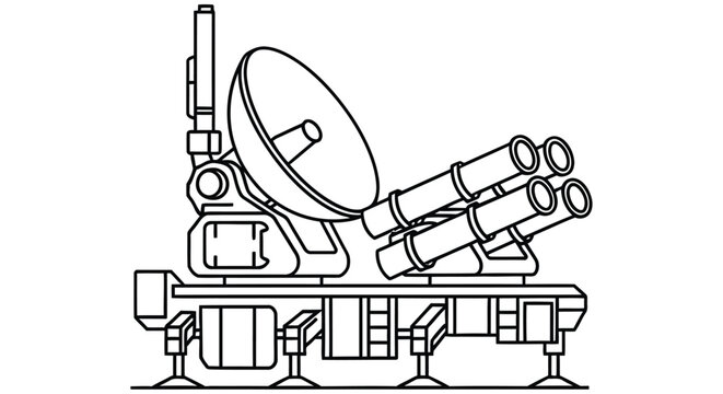 Line drawing of a military vehicle with a radar dish and multiple rocket launchers