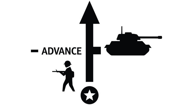 Military advance sign featuring a tank soldier and directional arrow