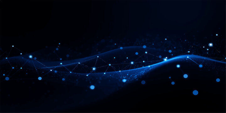 Abstract glowing blue network mesh background with luminous nodes and flowing data lines on dark backdrop big data, blockchain, neural networks, and global digital connectivity