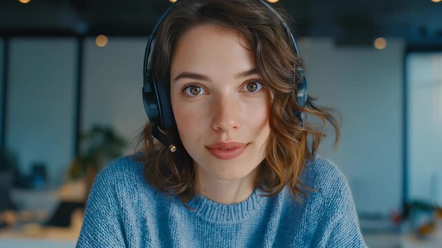 Portrait of a cheerful female employee engaging in an online meeting, exuding positivity and approachability. Modern workspace background highlights remote work and digital communication trends