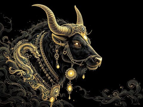 Powerful black bull head decorated with ornate golden jewelry and mystical swirls against a dark background
