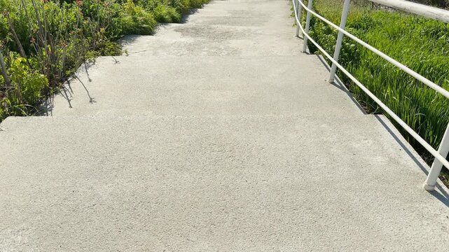 A wide concrete path steps down through vibrant green grass under bright sunlight. Walking down these steps brings a peaceful, uplifting feeling of being close to nature on a warm day.