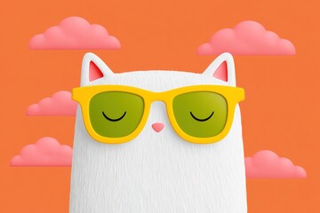 Fototapeta premium Cute white cat wearing yellow sunglasses relaxes under pink clouds