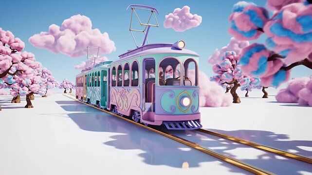 Pastel-Colored Whimsical Tram Cruising Through Cotton Candy Clouds Over a Sunny Dreamlike Landscape