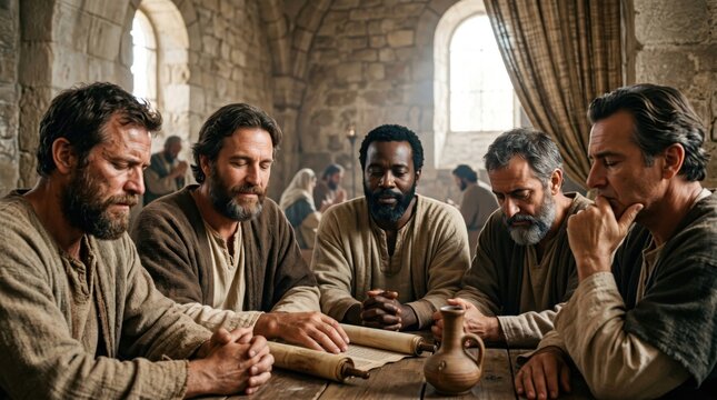 Men of faith praying and reading ancient scroll in stone building. Disciples gathered for biblical mission commissioning. Christian spiritual gathering and prayer service concept.