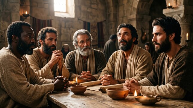 Group of men praying at wooden table with scrolls and oil lamps during ancient gathering. Historical scenes depicting biblical apostles fasting and seeking guidance for missionary journey.