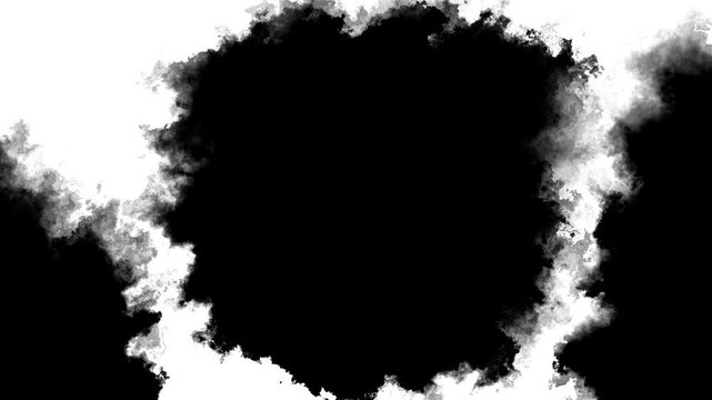 Black smoke frame background ink cloud edges, empty center space, dramatic texture. for reveal videos, title intros, cinematic overlays, mystery screens, grunge promos, and creative motion graphics.