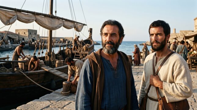 Biblical scene with apostle Paul and Barnabas standing at the harbor in Seleucia before their voyage to Cyprus. Historical reenactment of early Christians embarking on a mission journey.