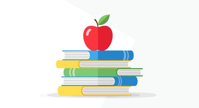 Flat Design Red Apple on Stacked Books Education Concept
