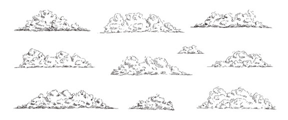 Sketch illustration of clouds with vintage pen lines. Hand-drawn sky elements with retro hatching. Windy cloud pen drawing. Vector doodles for artistic design projects and nature-themed graphics. © Syuzann q