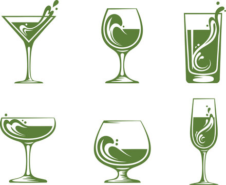 Set of six green stylized cocktail glasses with splashes of liquid.