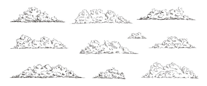 Sketch illustration of clouds with vintage pen lines. Hand-drawn sky elements with retro hatching. Windy cloud pen drawing. Vector doodles for artistic design projects and nature-themed graphics.