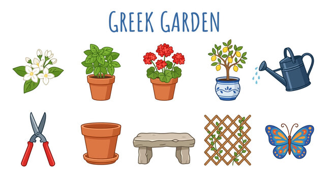 Collection of Greek Garden Elements and Tools.