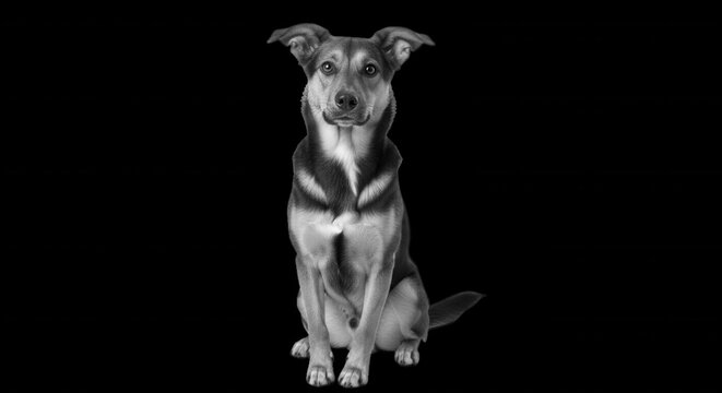 A black and white studio portrait of a medium-sized mixed breed dog sitting and looking directly at the camera against a solid black background